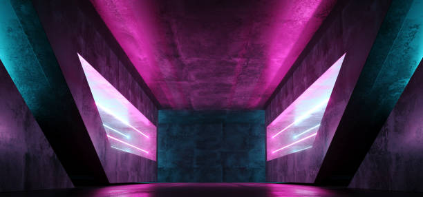 istock Sci Fi Neon Fluorescent Retro Glowing Purple Blue Alien Spaceship Base Underground Tunnel Corridor Refelctive Grunge Concrete Dance Club Stage Showroom Vibrant Virtual Reality 3D Rendering 1140204201