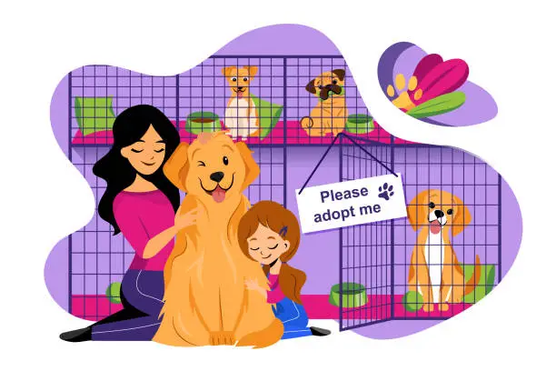Vector illustration of Pet shelter vector flat illustration. Adoption of homeless animals concept. Mom and daughter adopt cute dog from shelter
