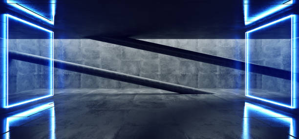 istock Neon Glowing Arch Gate Blue Grunge Concrete Bright Sci Fi Modern Empty Hall Garage Tunnel Corridor With White Lights Led Studio Contrast Look Reflective Room Cement Background 3D Rendering 1140204941