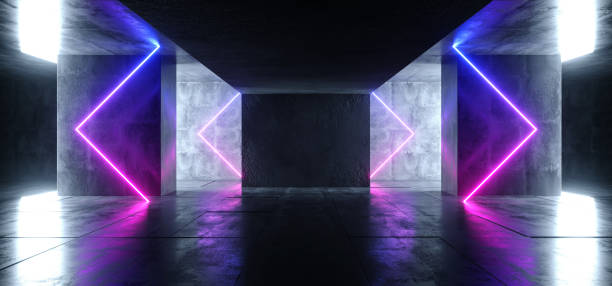 istock Triangle Arrows Neon Glowing Sci Fi Purple Blue Futuristic Concrete Empty Grunge Reflective Room Vibrant Spectrum Fluorescent Luminous Lasers Hall Tunnel Corridor Alien Spaceship 3D Rendering 1140205061