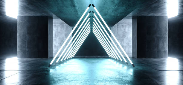 istock Triangle Pyramid Neon Glowing Sci Fi White Blue Futuristic Concrete Empty Grunge Reflective Room Vibrant Spectrum Fluorescent Luminous Lasers Hall Tunnel Corridor Alien Spaceship 3D Rendering 1140205083