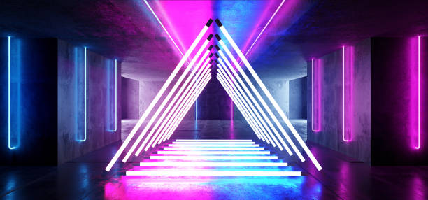 istock Triangle Pyramid Neon Glowing Sci Fi Purple Blue Futuristic Concrete Empty Grunge Reflective Room Vibrant Spectrum Fluorescent Luminous Lasers Hall Tunnel Corridor Alien Spaceship 3D Rendering 1140205126
