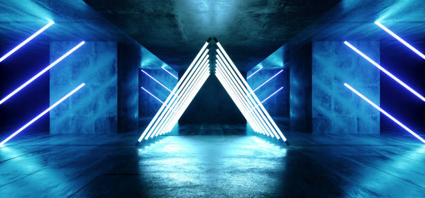 istock Triangle Pyramid Neon Glowing Sci Fi White Blue Futuristic Concrete Empty Grunge Reflective Room Vibrant Spectrum Fluorescent Luminous Lasers Hall Tunnel Corridor Alien Spaceship 3D Rendering 1140205302