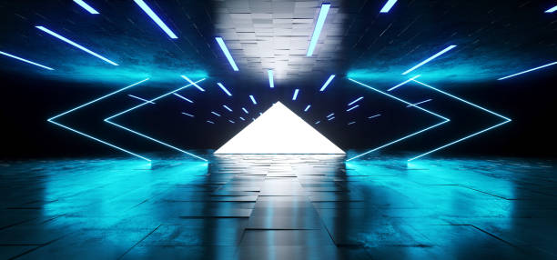 istock Triangle Arrows Neon Glowing Sci Fi Blue Futuristic Concrete Empty Grunge Reflective Room Vibrant Spectrum Fluorescent Luminous Lasers Hall Tunnel Corridor Alien Spaceship 3D Rendering 1140205316
