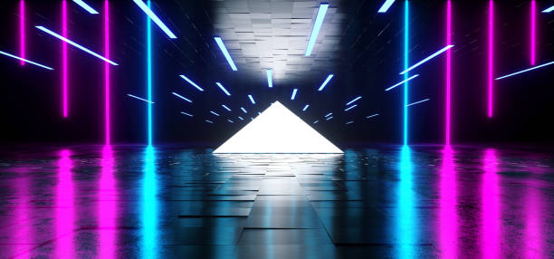 istock Triangle Pyramid Neon Glowing Sci Fi Purple Blue Futuristic Concrete Empty Grunge Reflective Room Vibrant Spectrum Fluorescent Luminous Lasers Hall Tunnel Corridor Alien Spaceship 3D Rendering 1140205343