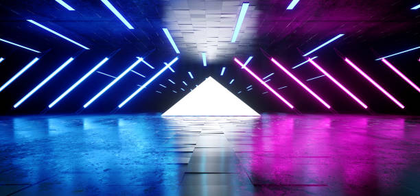 istock Triangle Pyramid Neon Glowing Sci Fi Purple Blue Futuristic Concrete Empty Grunge Reflective Room Vibrant Spectrum Fluorescent Luminous Lasers Hall Tunnel Corridor Alien Spaceship 3D Rendering 1140205350