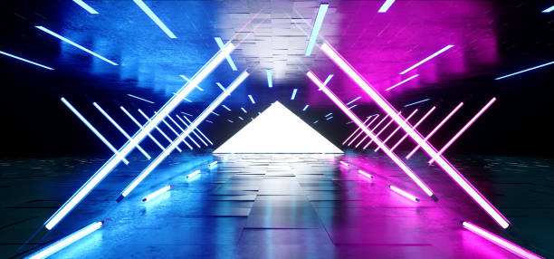 istock Triangle Pyramid Neon Glowing Sci Fi Purple Blue Futuristic Concrete Empty Grunge Reflective Room Vibrant Spectrum Fluorescent Luminous Lasers Hall Tunnel Corridor Alien Spaceship 3D Rendering 1140205414