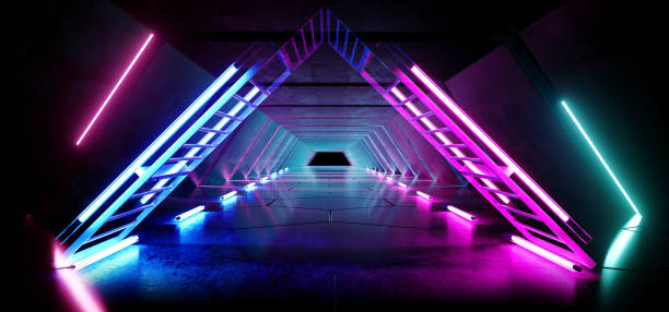 istock Triangle Pyramid Neon Glowing Sci Fi Purple Blue Futuristic Concrete Empty Grunge Reflective Room Vibrant Spectrum Fluorescent Luminous Lasers Hall Tunnel Corridor Alien Spaceship 3D Rendering 1140205458