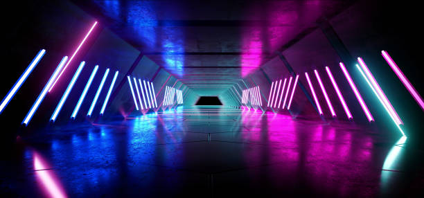 istock Tilted Lines Neon Glowing Sci Fi Purple Blue Futuristic Concrete Empty Grunge Reflective Room Vibrant Spectrum Fluorescent Luminous Lasers Hall Tunnel Corridor Alien Spaceship 3D Rendering 1140205520