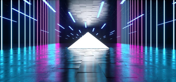 istock Triangle Pyramid Neon Glowing Sci Fi Purple Blue Futuristic Concrete Empty Grunge Reflective Room Vibrant Spectrum Fluorescent Luminous Lasers Hall Tunnel Corridor Alien Spaceship 3D Rendering 1140205533