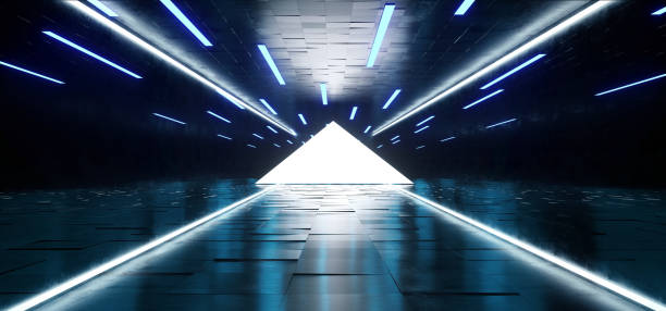 istock Triangle Pyramid Neon Glowing Sci Fi Blue Futuristic Concrete Empty Grunge Reflective Room Vibrant Spectrum Fluorescent Luminous Lasers Hall Tunnel Corridor Alien Spaceship 3D Rendering 1140205547