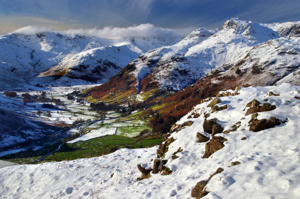 Langdale in Winter The valley of Langdale, Cumbria, in winter. This is one of the most picturesque Lake District valleys. langdale pikes stock pictures, royalty-free photos & images