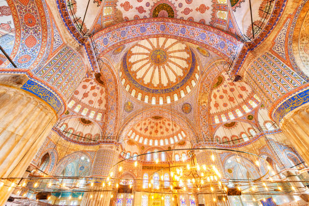 Interior of the Blue Mosque in Istanbul Turkey Ornate interior of the landmark Blue Mosque in Istanbul, Turkey. blue mosque stock pictures, royalty-free photos & images