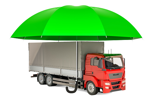 Lorry truck under umbrella, insurance and protect freight transportation concept. 3D rendering