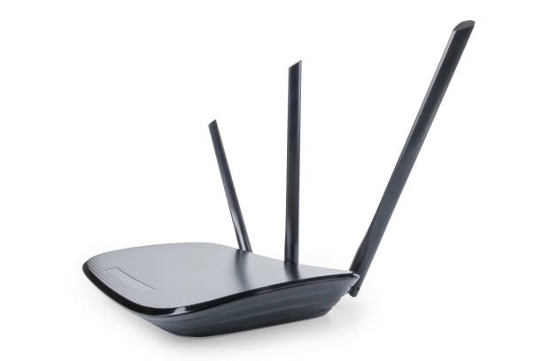 istock Black wifi router in wide angle perspective isolated with clipping path 1140208310