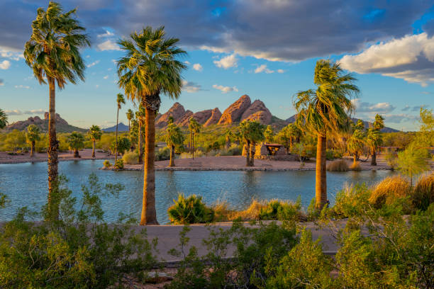 SPRINGTIME AT PAPAGO PARK TEMPE NEAR PHOENIX AZ vacation get away; getting away from it all; travel adventure; desert wonderland butte rocky outcrop photos stock pictures, royalty-free photos & images