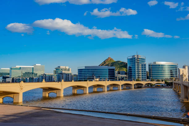 salt river at tempe lake with tempe skyline. arizona - town imagens e fotografias de stock