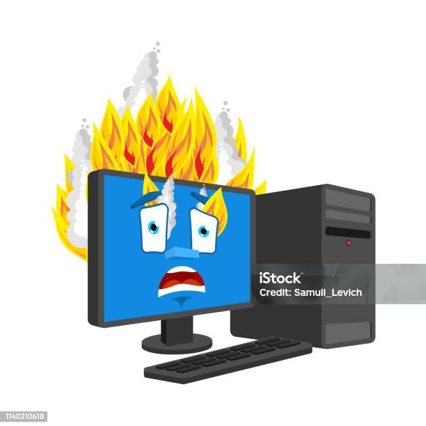 Computer Fire Isolated Burning Computer Cartoon Style Data Processor ...