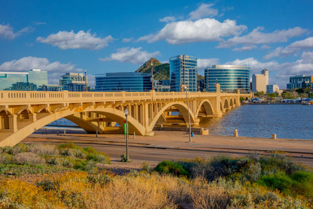 salt river at tempe lake with tempe skyline. arizona - town imagens e fotografias de stock