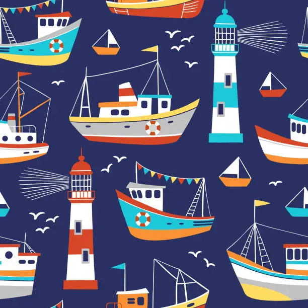 Vector illustration of Hand drawn cute fishing boats, seagulls and lighthouses.