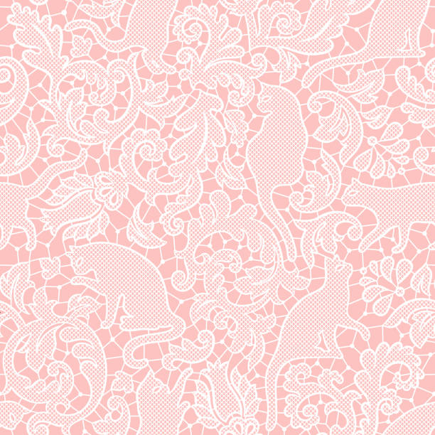 Cat damask lace seamless vector pattern. Perfect for Halloween fabric, wallpaper or wrapping paper design. kitten wallpaper stock illustrations