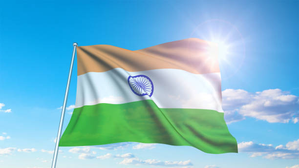 istock flag of India with fabric structure against a cloudy sky 1140210967