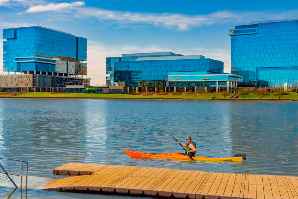 Salt River at Tempe Lake with Tempe Skyline. Arizona (P) vacation get away; recreational location; travel adventure; desert wonderland; getting away from it all river salt stock pictures, royalty-free photos & images