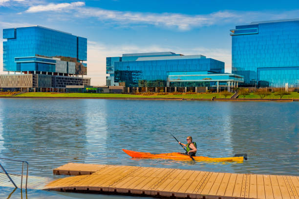 salt river at tempe lake with tempe skyline. arizona (p) - town imagens e fotografias de stock