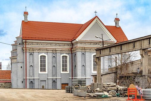 Church of St. Stephen (1600-12 and 1801-06)  in Vilnius, Lithuania. View at the south facade on early spring day. The church is located in an industrial area near the railway. It is restored now.