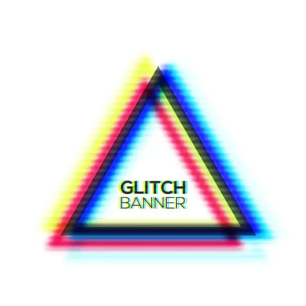 Vector illustration of Minimal style art. Glitch texture triangle frame design. Distorted modern background with glitch effect. Glitched sign concept with rgb cmyk colors channel. Error tv screen. Color vector illustration.