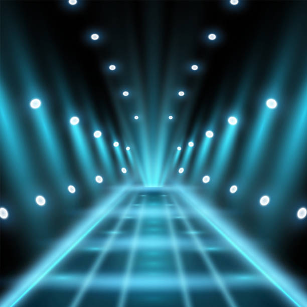 ilustrações de stock, clip art, desenhos animados e ícones de blue neon glowing light illumination, catwalk vector with projectors, celebrity scene concert, performance presentation, car street floodlights, road headlights. magical fabulous, luxurious concept. - highway street road speed