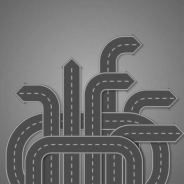 illustrations, cliparts, dessins animés et icônes de affiche de vecteur de direction de route 3d. thème de navigation, infographies de processus d’affaires, décisions et choix. illustration d’entrelacement de chemins d’asphalte de flèche pour des voyages, des plans, des questions de transport. - interlacement