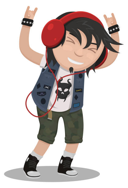 Music Kid Metal A male heavy metal fan wearing headphones and a demon t-shirt holds up devil horns in the air emo boy stock illustrations
