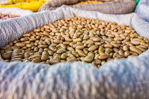 Grains of beans in sack at a free street fair in Brazil