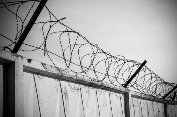 istock Concrete wall with razor barbed tape wire on blue sky background on a Sunny day 1140219415