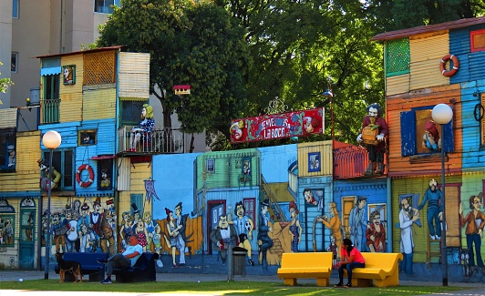 Buenos Aires, Argentina - April 02, 2019. The colorful Caminito Street in La Boca city district.
