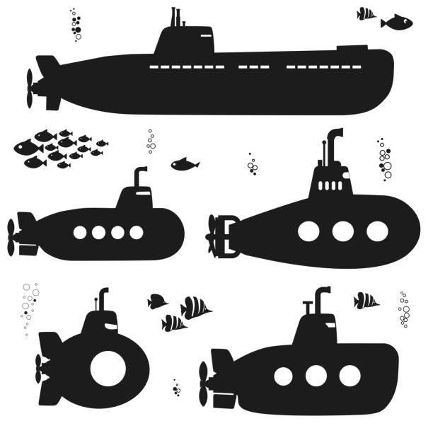ilustrações de stock, clip art, desenhos animados e ícones de silhouette submarine undersea boat with fishes. vector - periscópio