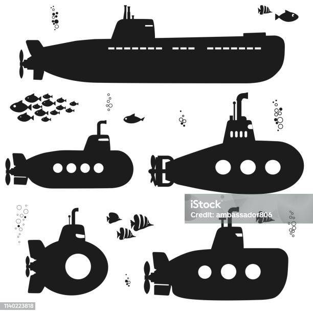 Silhouette Submarine Undersea Boat With Fishes Vector - Arte vetorial de stock e mais imagens de Submarino - Veículo Aquático