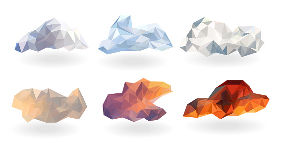 Colorful spring season clouds low poly set collection,isolated with white background,polygonal triangle and geometric shape design,cloudy objects nature concept,vector art and illustration.