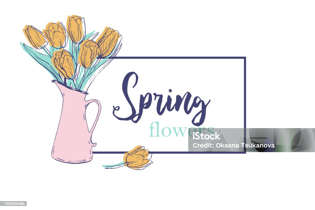 Spring flowers banner design with yellow tulips bouquet on white background Horizontal background template with hand drawn tulips and text. Banner with spring flowers on white background. Top view elements in pale tender colors. Border - Frame stock vector
