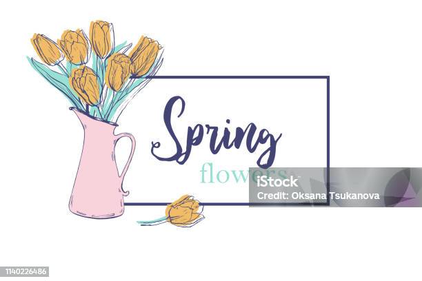 Spring Flowers Banner Design With Yellow Tulips Bouquet On White Background Stock Illustration - Download Image Now