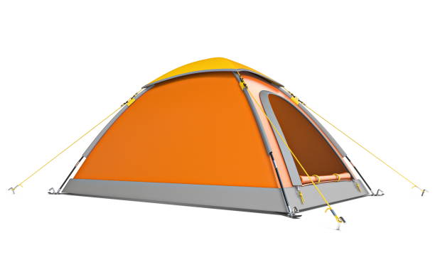 amarillo anaranjado camping vista lateral 3d - tent camping dome tent single object fotografías e imágenes de stock