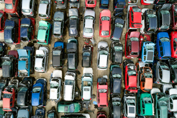 istock Crushed Cars in Scrapyard, Aerial View 1140242583