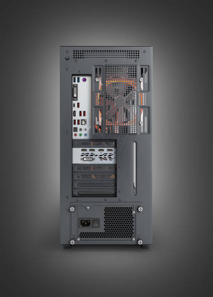 istock Open computer with red lighting effects and water cooled cooling system back vew on black gradient background 3d render 1140245736