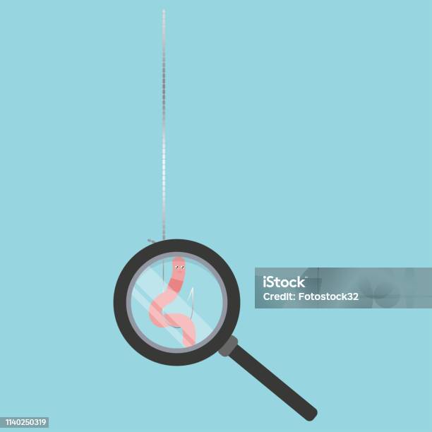 We Examine The Worm On A Hook Under A Magnifying Glass Fishing Bait Stock Illustration - Download Image Now
