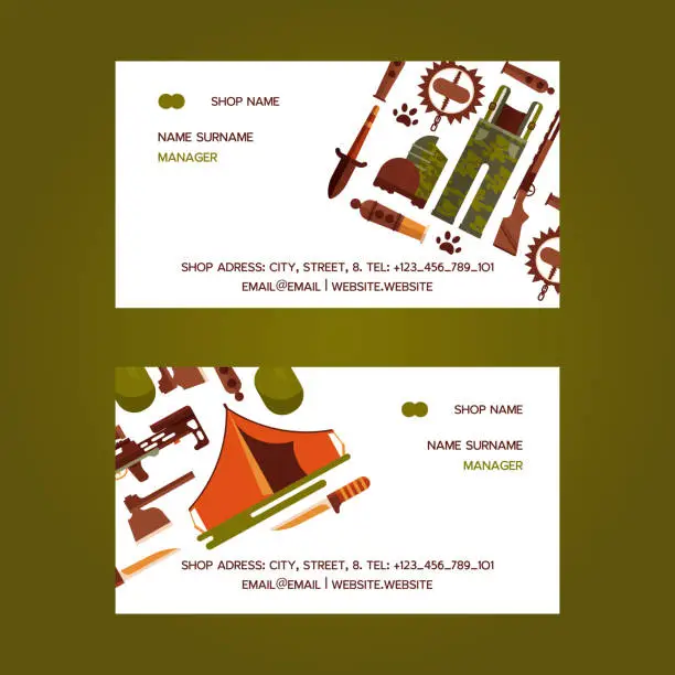 Vector illustration of Hunting equipment set of business cards vector illustration. Hunter accessories such as camping tent or rifle gun and carbine with arbalest crossbow, compass and trap for wild animals, knife, axe.