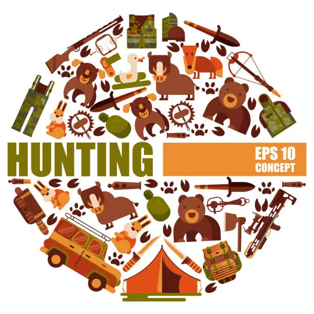 Vector illustration of Hunting equipment round patterns vector illustration. Hunter accessories such as jeep car, rifle gun and carbine with arbalest crossbow, trap for wild animals, knife, axe.