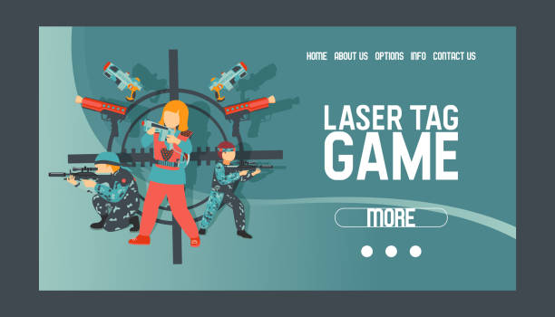 Laser tag game set of banners vector illustration. Gun, optical sight, trigger, vest, attachment rail. Game weapons. Child pistols. Spending free time. Playing with ray guns. Web design. Laser tag game set of banners vector illustration. Gun, optical sight, trigger, vest, attachment rail. Game weapons. Child pistols. Spending free time. Playing with ray guns. Shooting people. detonator stock illustrations