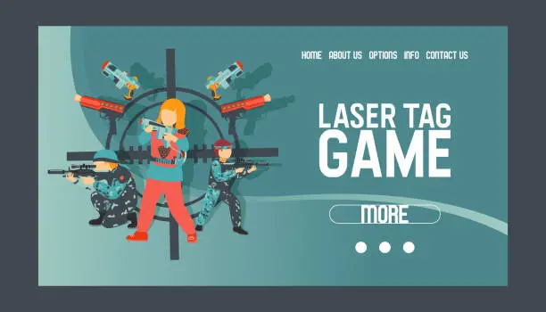 Vector illustration of Laser tag game set of banners vector illustration. Gun, optical sight, trigger, vest, attachment rail. Game weapons. Child pistols. Spending free time. Playing with ray guns. Web design.