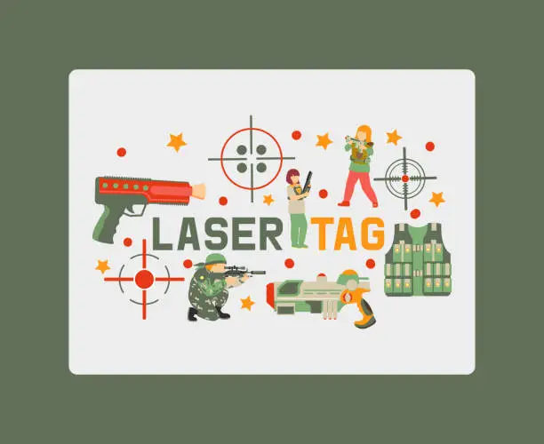 Vector illustration of Laser tag game banner, poster vector illustration. Gun, optical sight, trigger, vest, attachment rail. Game weapons. Child pistols. Spending free time. Playing with ray guns.